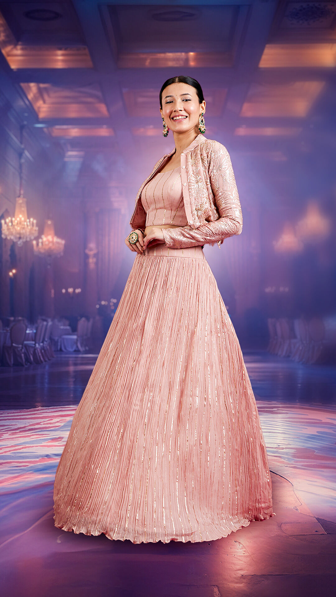 Champagne beige embroidered bridal lehenga, showcasing a modern wedding trend.  Champagne beige embroidered bridal lehenga, showcasing a modern wedding trend.